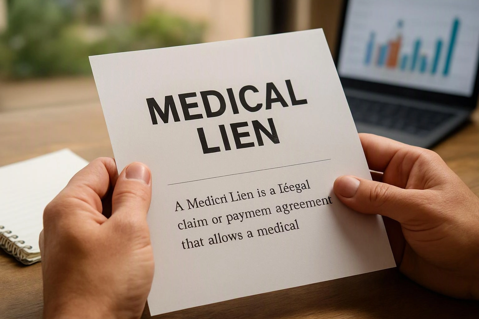 Hands hold a paper titled "MEDICAL LIEN" beside a laptop on a wooden desk