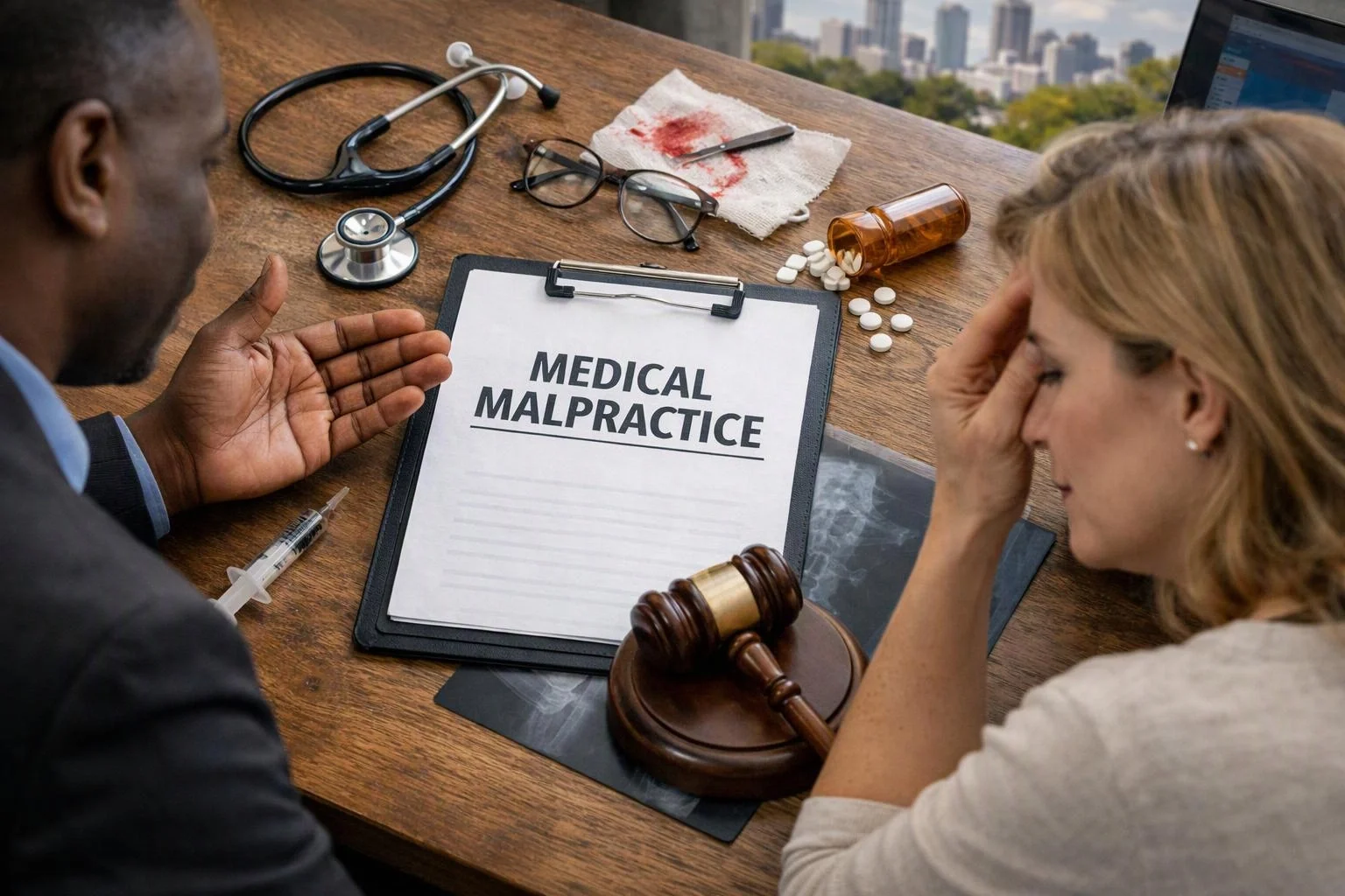 Two people sit at a desk with medical items and a clipboard labeled "MEDICAL MALPRACTICE"