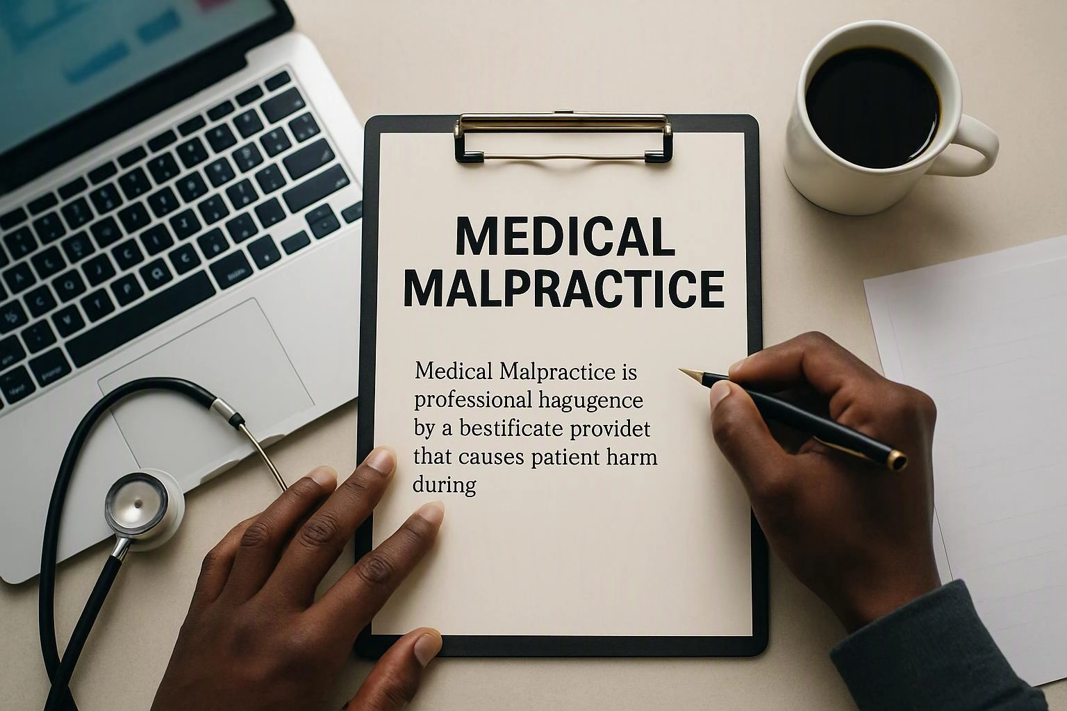 Hands hold a pen and clipboard over a desk with a laptop, stethoscope, coffee cup, and a page titled “MEDICAL MALPRACTICE”