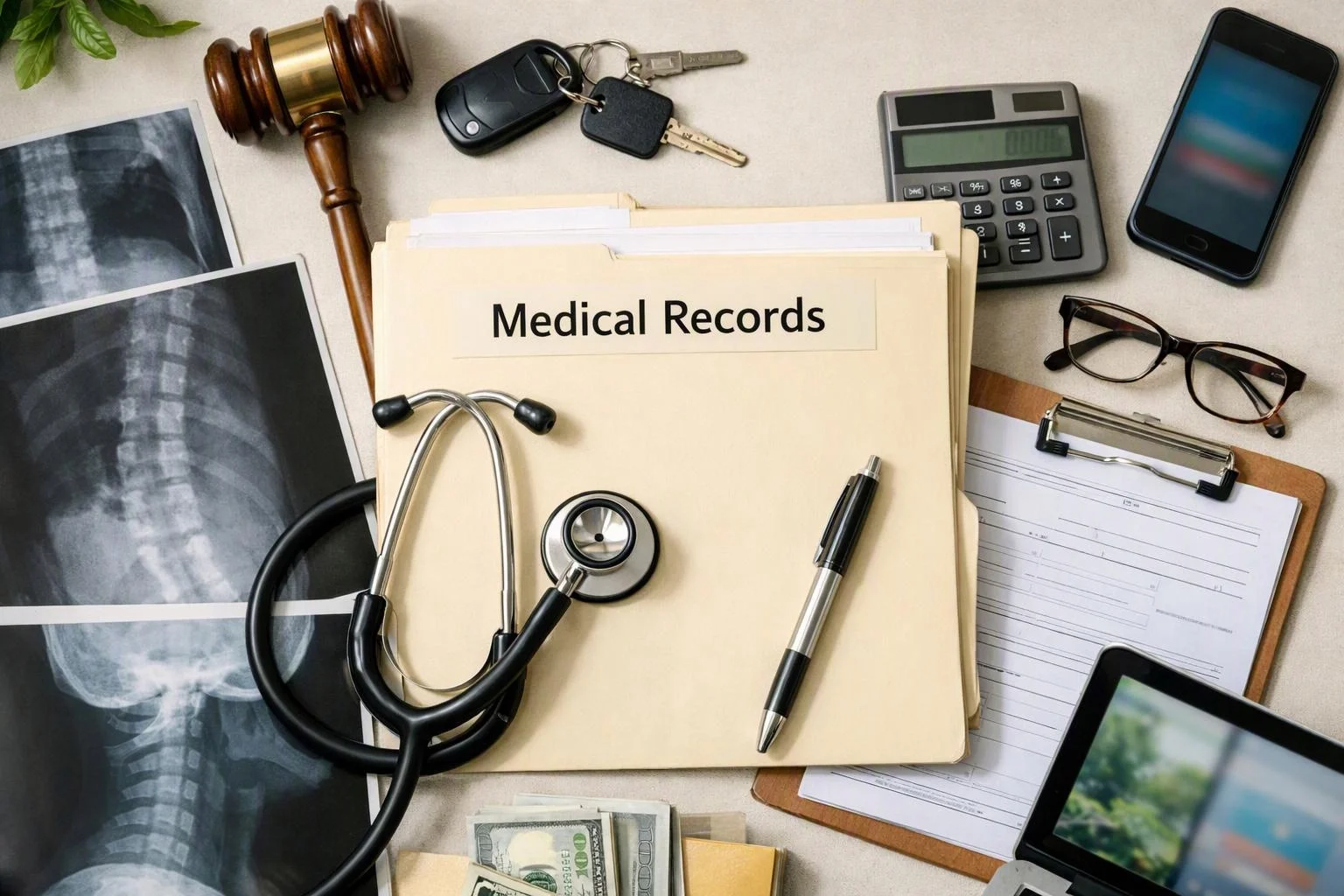 Medical records folder with a stethoscope, X-ray films, calculator, keys, phone, glasses, clipboard, and cash on a desk