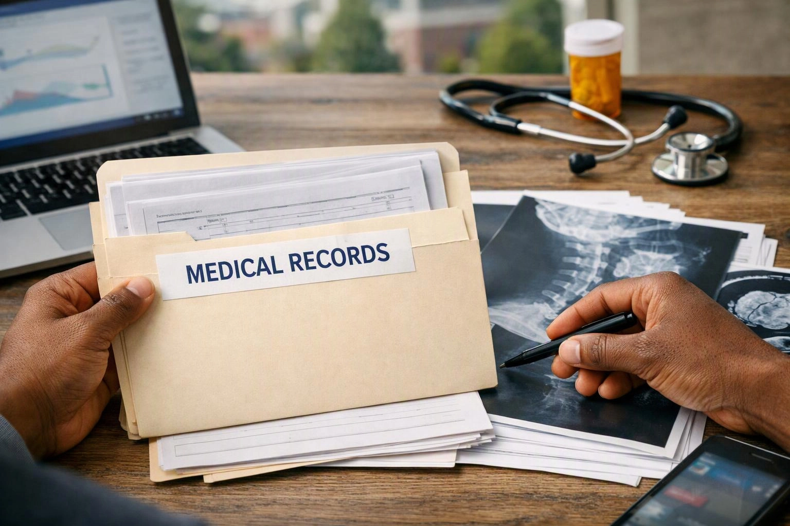 Hands sort a medical records folder beside x-ray prints, a laptop, stethoscope, and pill bottle on a desk