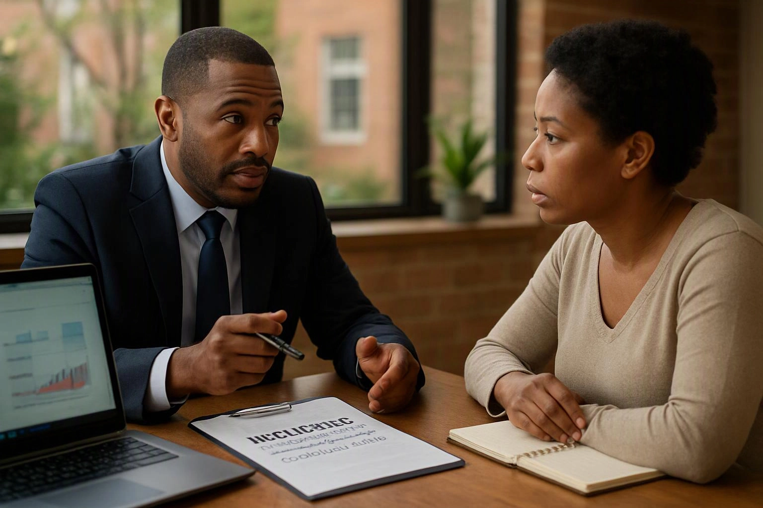 A man in a suit speaks to a woman across a desk with a laptop, clipboard, and notebook in a bright office
