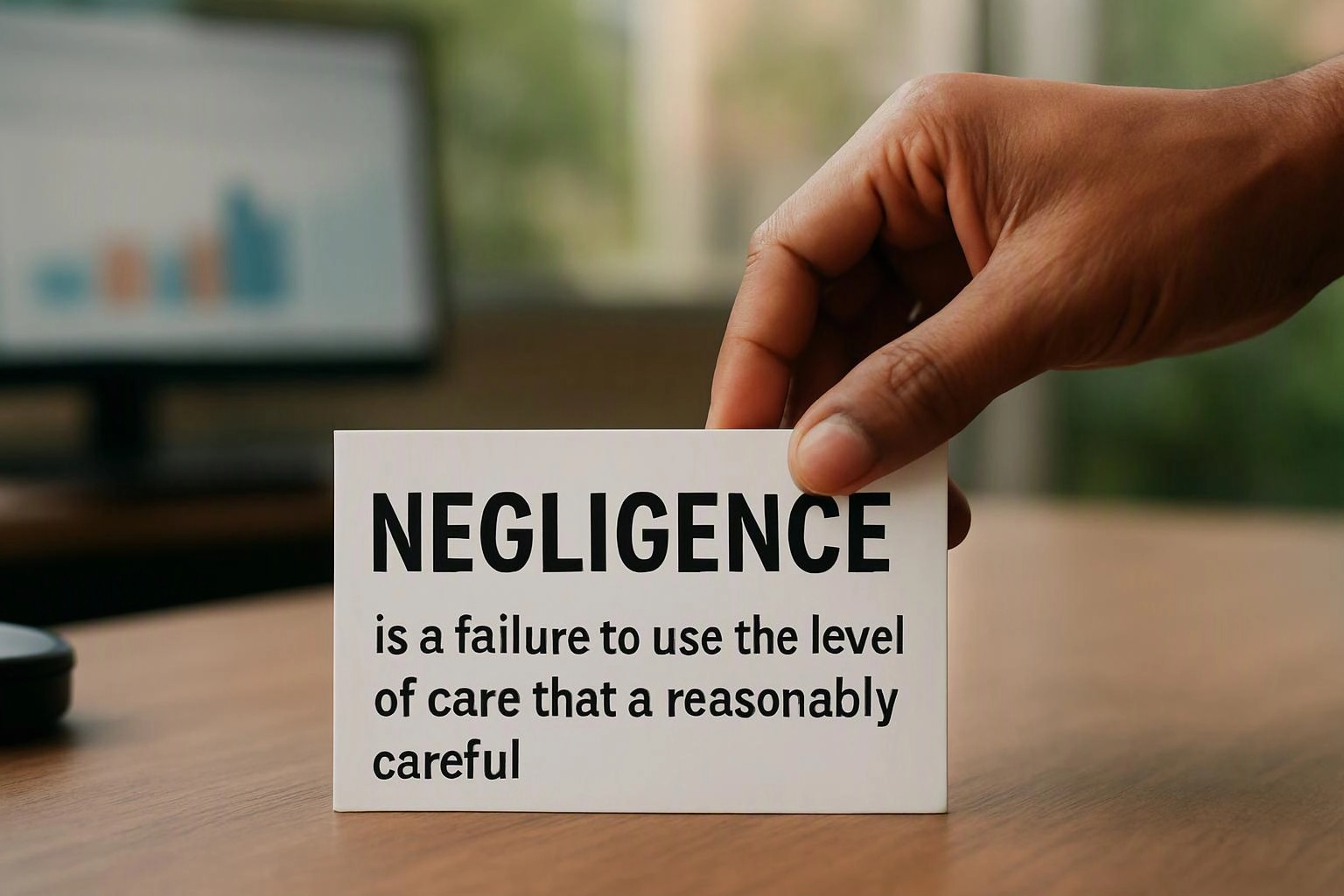 A hand holds a card reading “NEGLIGENCE” over a desk with a blurred computer screen in the background