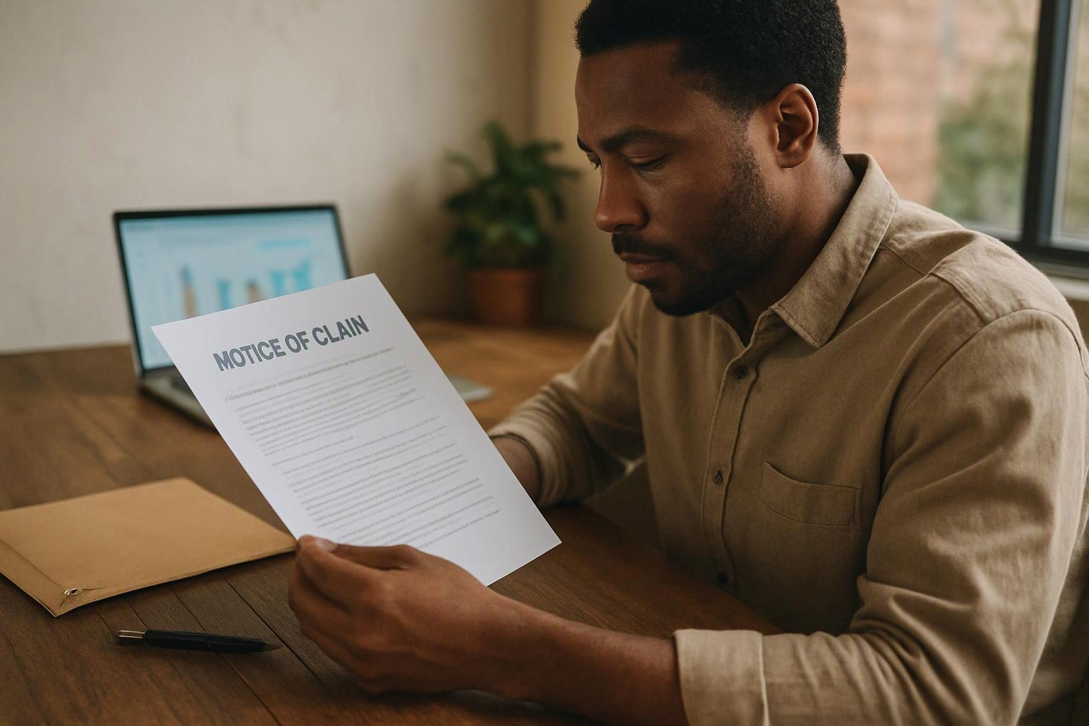 A man reads a paper labeled “NOTICE OF CLAIM” at a wooden desk beside a laptop and envelope