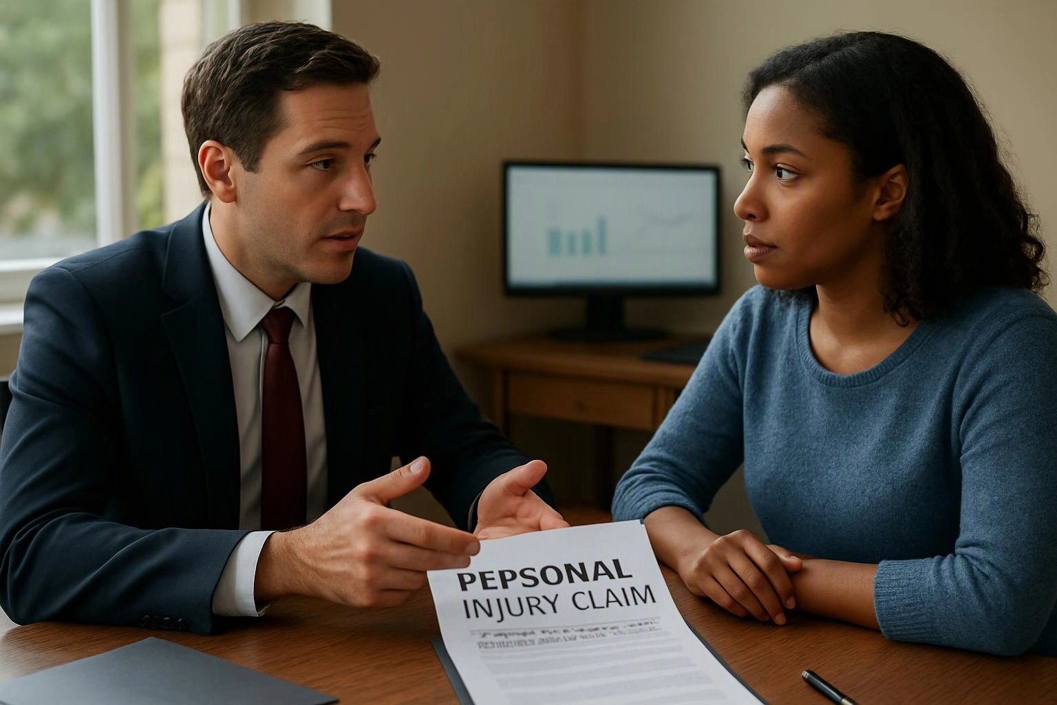 A man in a suit explains a personal injury claim form to a woman across a desk in an office