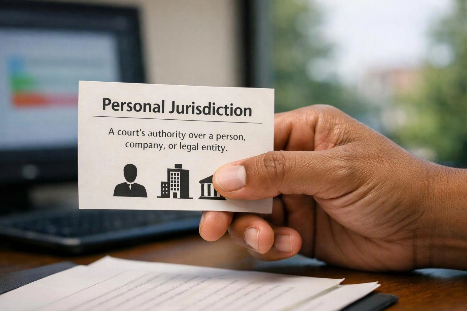 A hand holds a card reading “Personal Jurisdiction” in front of a blurred laptop and papers