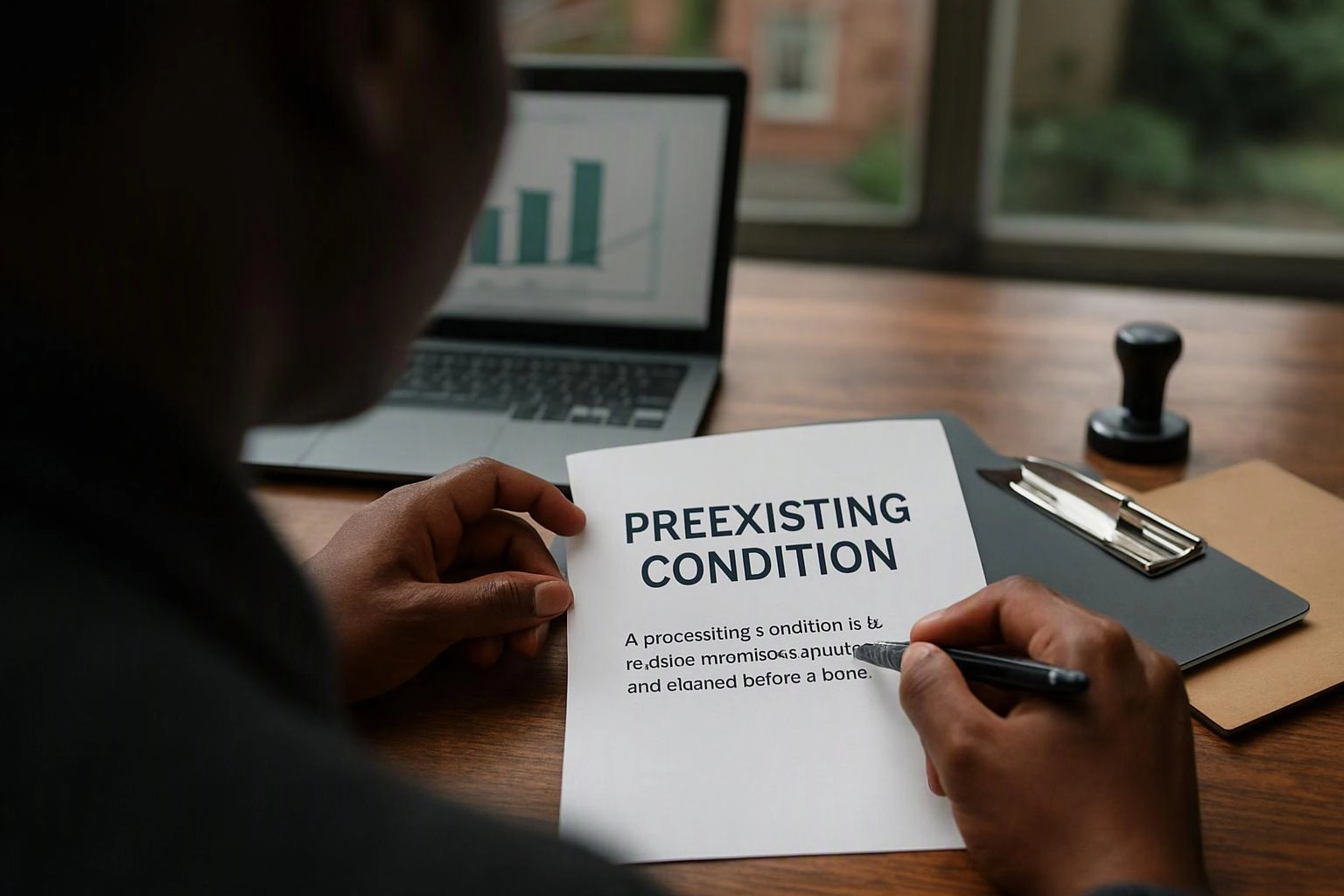 A person writes on a paper labeled “PREEXISTING CONDITION” at a desk with a laptop and clipboard