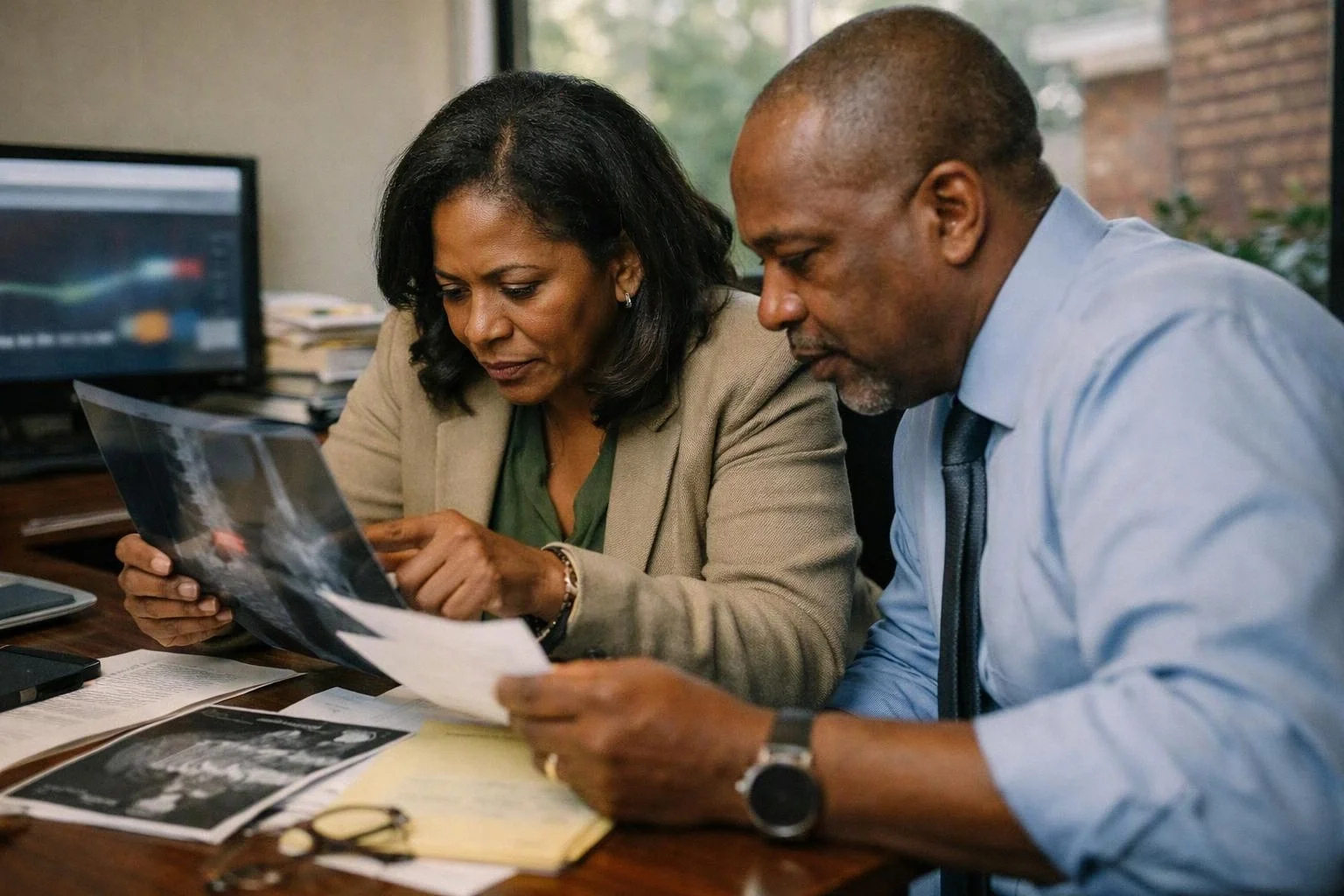 Two adults review printed photos and papers together at a desk in an office setting