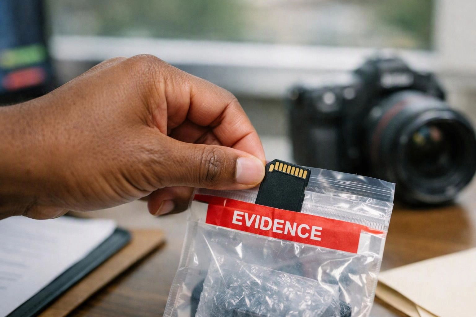 A hand holds an SD card above an evidence bag, with a camera blurred in the background