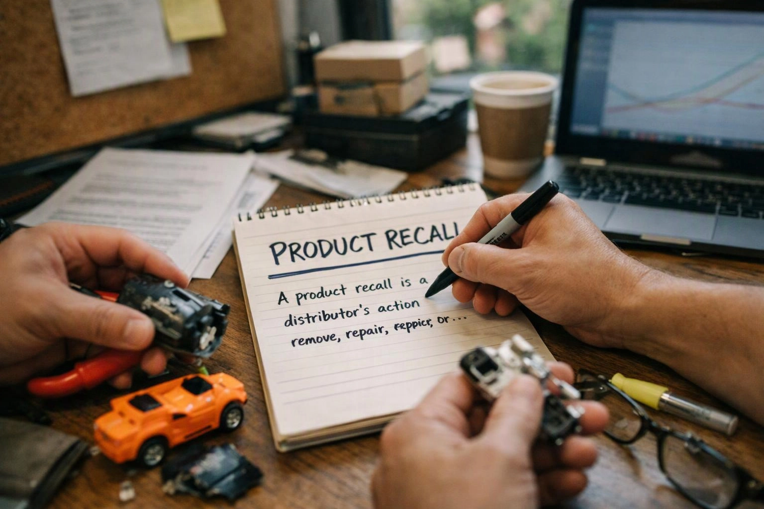 Hands sort toy cars around a notebook titled “PRODUCT RECALL” beside a laptop and coffee cup