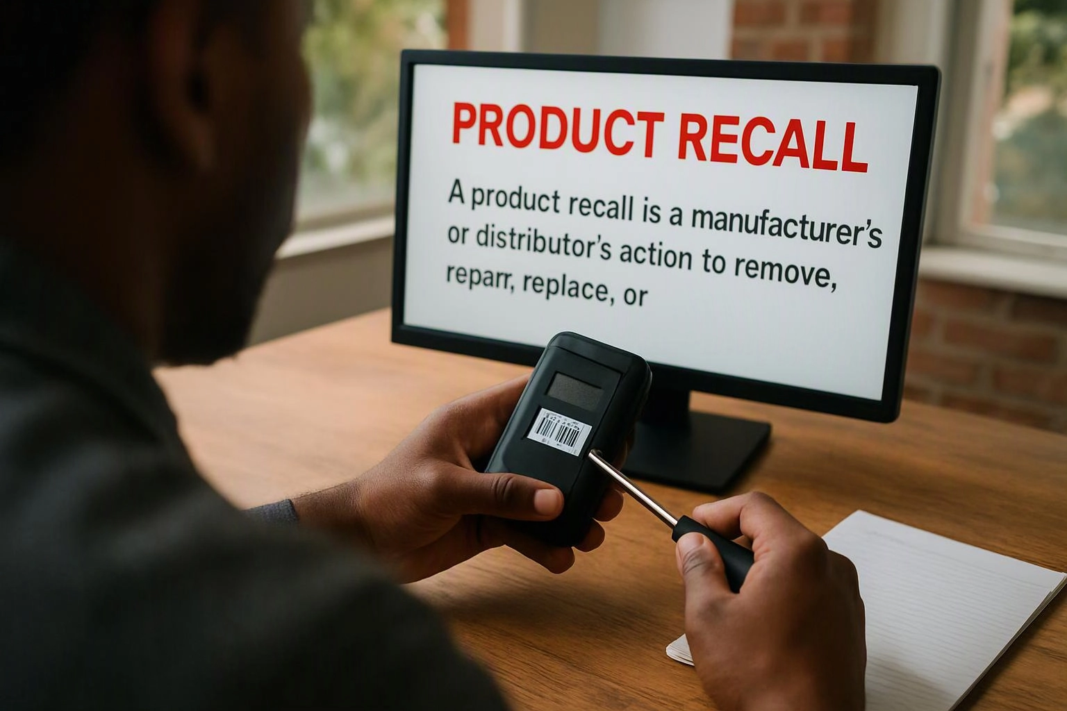 A person inspects a barcode label on a device beside a monitor showing “PRODUCT RECALL”
