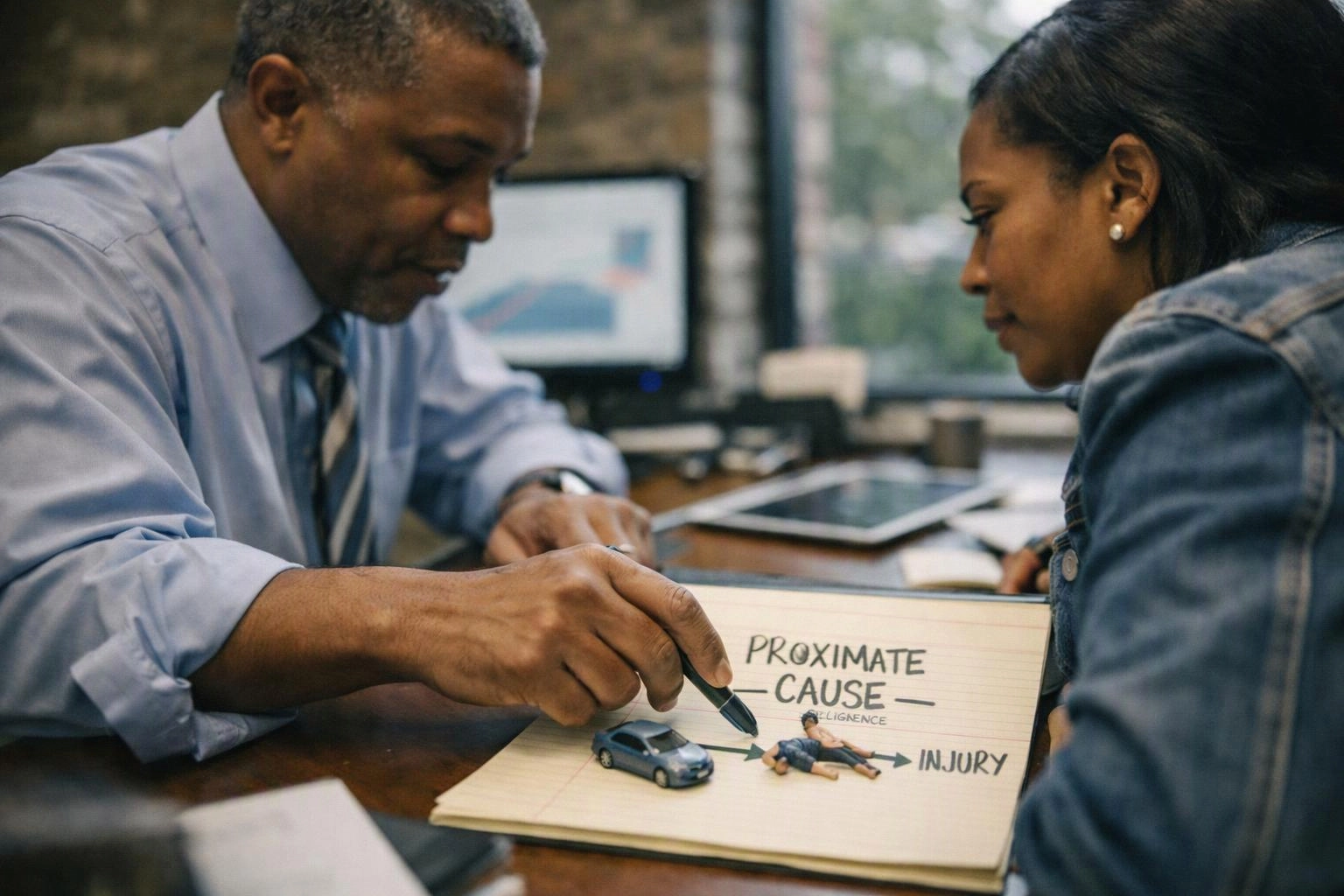 A man points at a notebook diagram while a woman watches across a desk in an office
