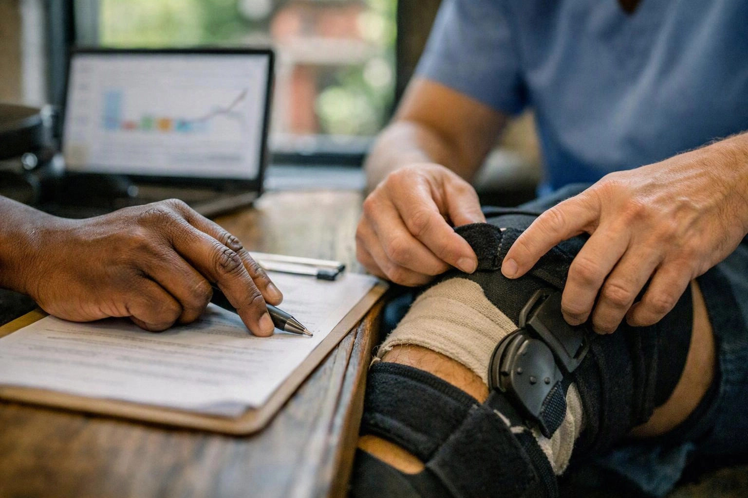 Two people examine a braced knee at a table, with a laptop and paperwork beside them