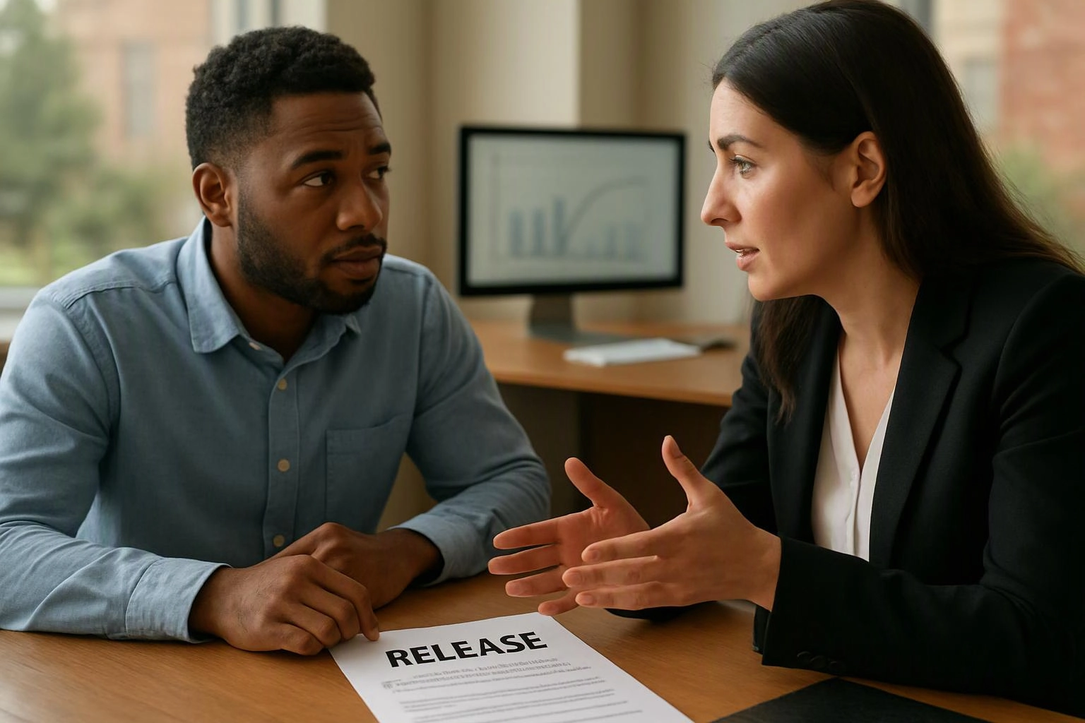 Two people sit at a desk, talking over a paper labeled “RELEASE” in a bright office