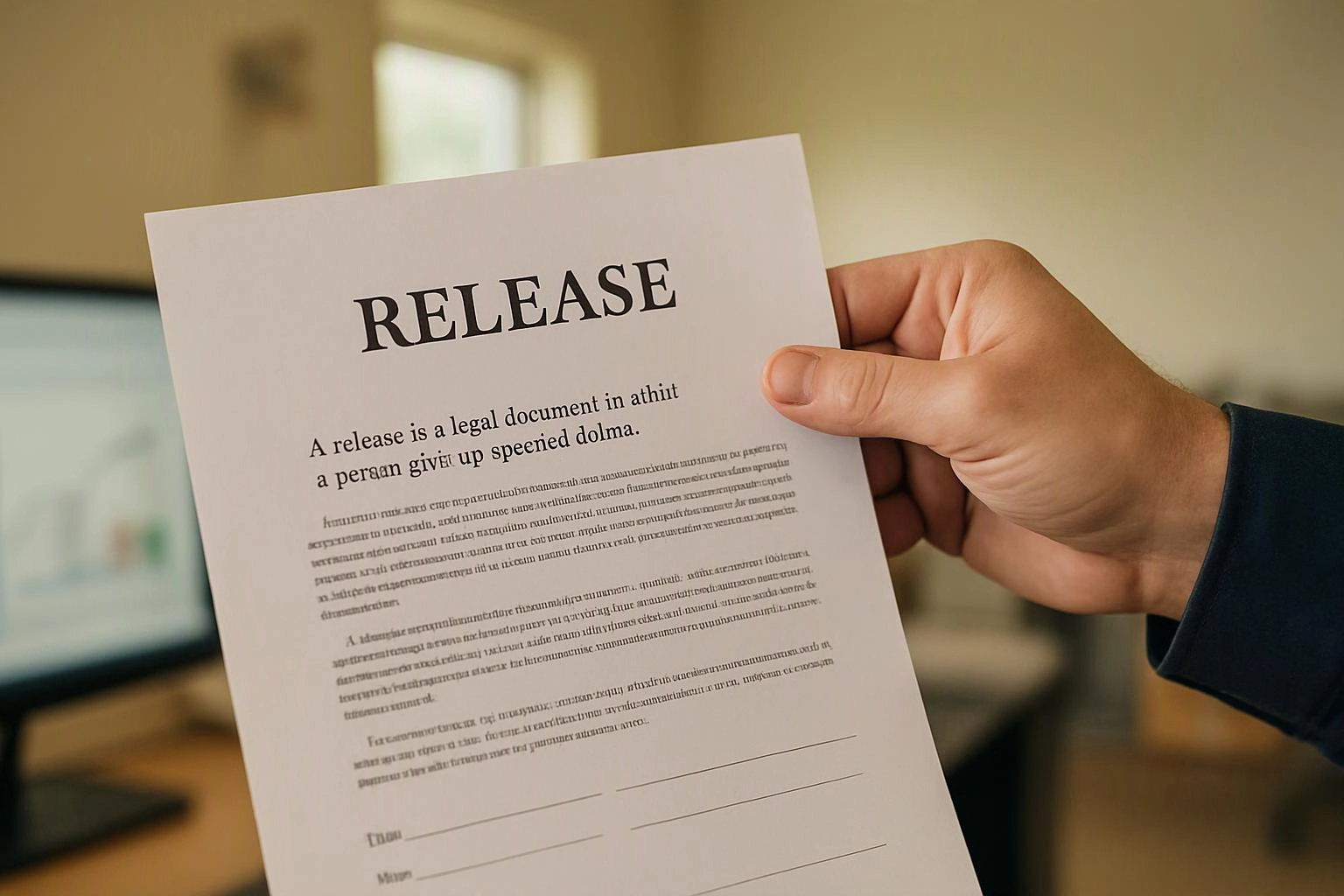A hand holds a printed release form with bold title text in a blurred office setting
