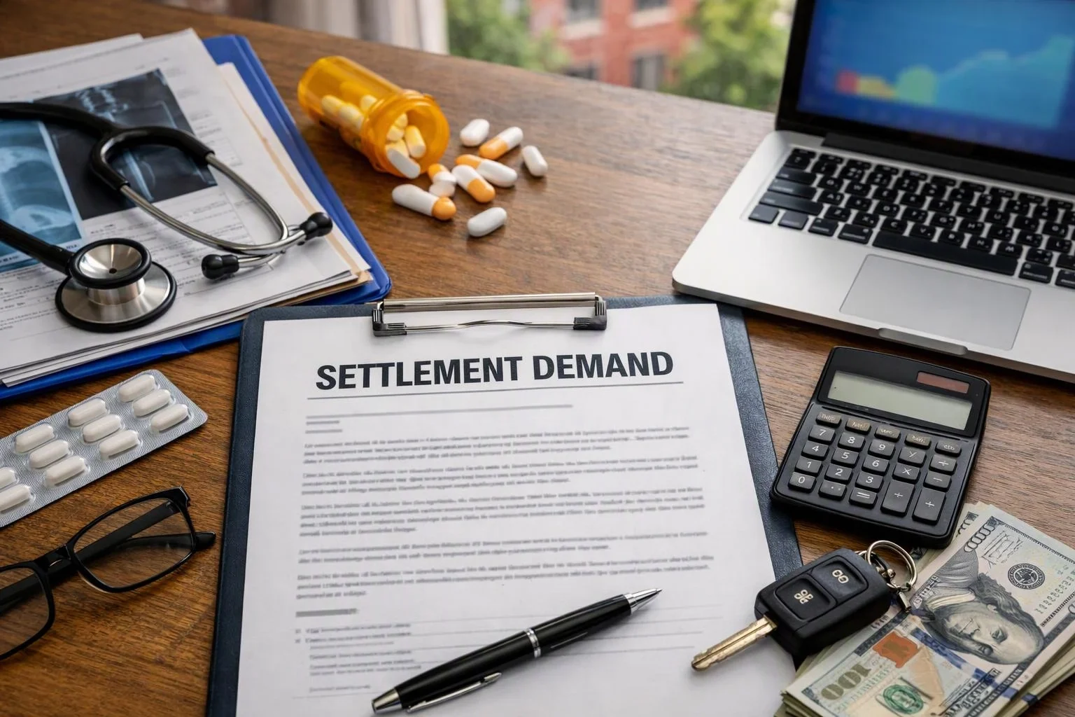 A desk holds a settlement demand form, pills, medical papers, calculator, laptop, keys, cash, and glasses