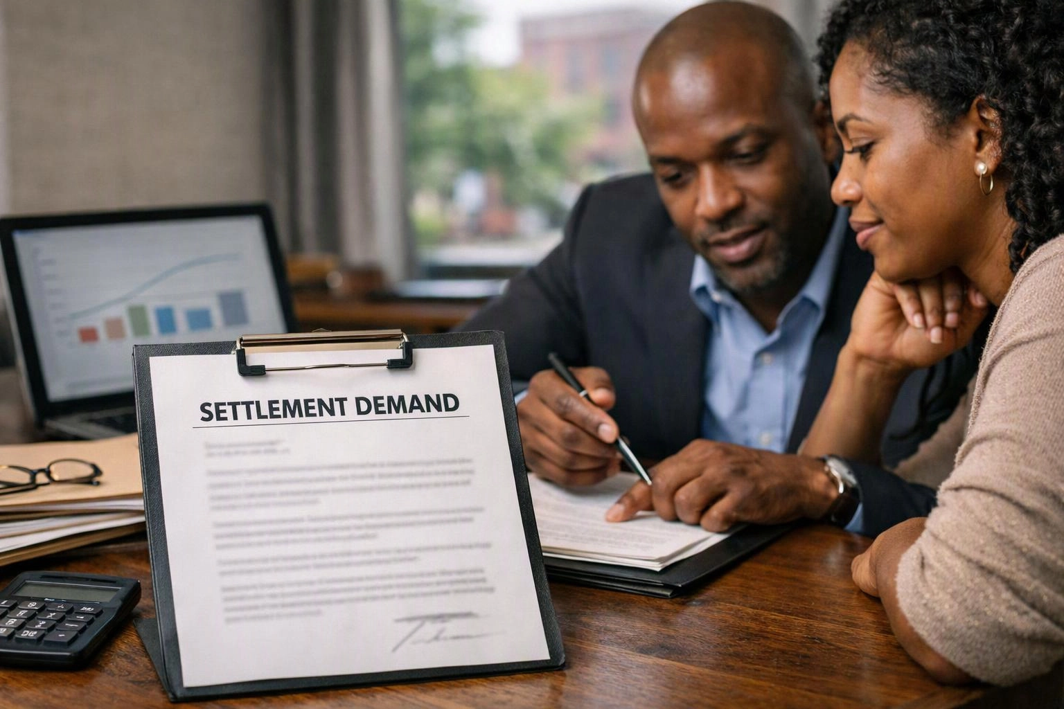 A man and woman review paperwork at a desk, with a clipboard labeled “SETTLEMENT DEMAND” in front of them