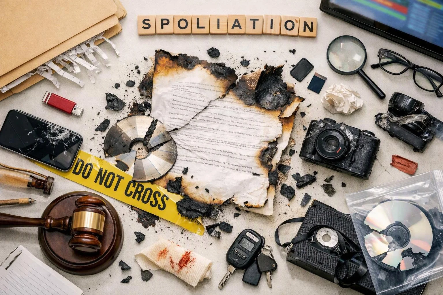 Burned papers, a shattered CD, camera gear, and a gavel surround yellow tape reading “DO NOT CROSS” and “SPOLIATION”