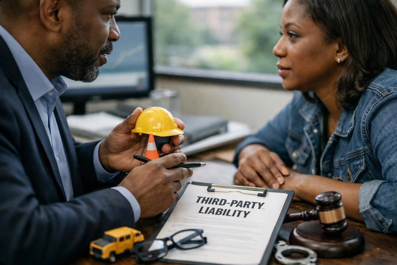 A man and woman discuss paperwork at a desk with a gavel, model cars, and a clipboard labeled "THIRD-PARTY LIABILITY"