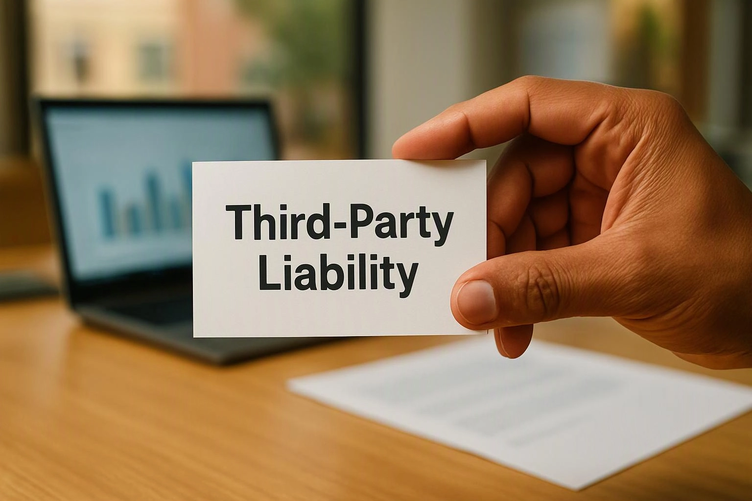 A hand holds a card reading “Third-Party Liability” in front of a laptop on a desk