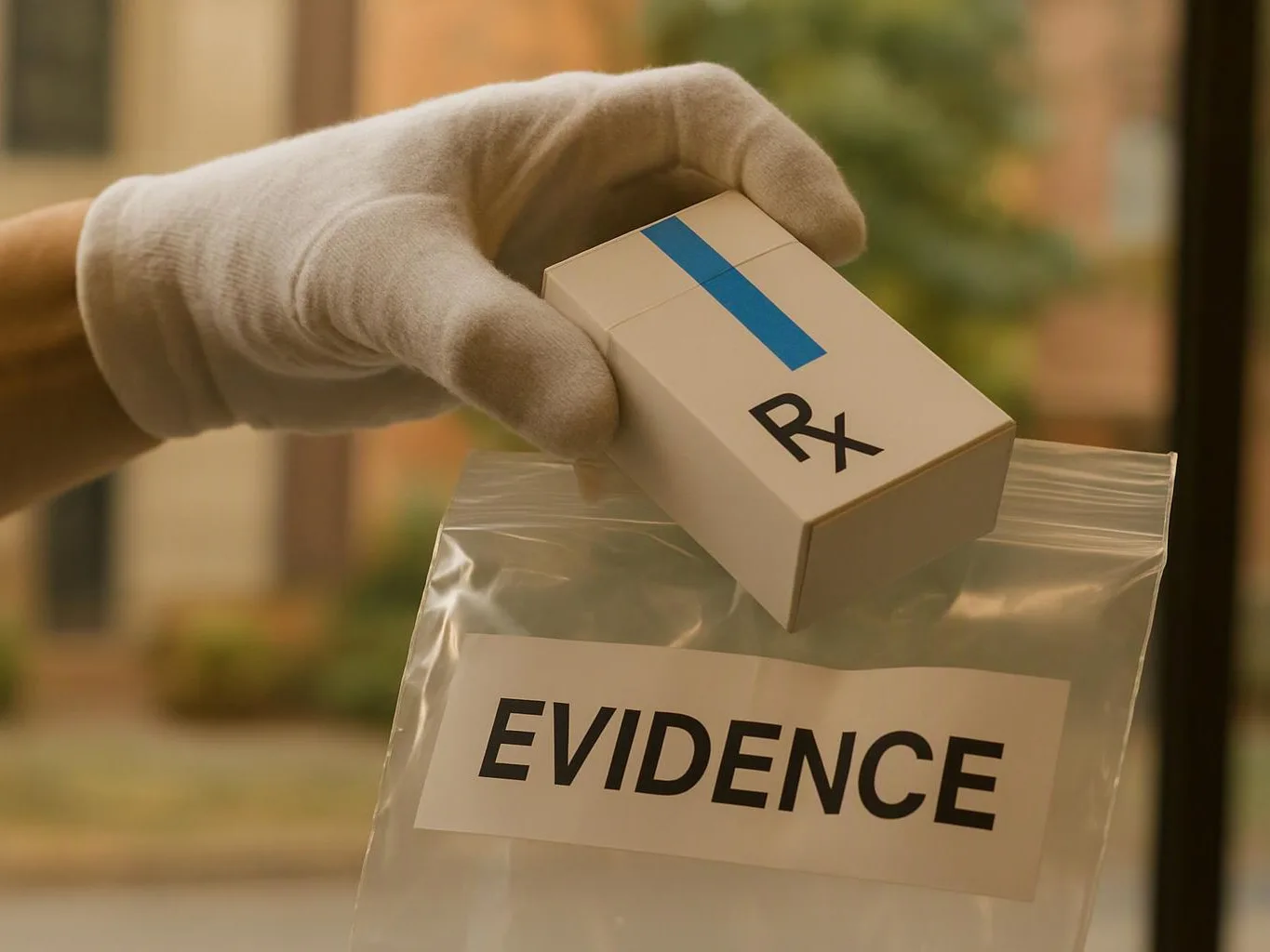 A gloved hand holds a prescription box above a clear evidence bag labeled “EVIDENCE”