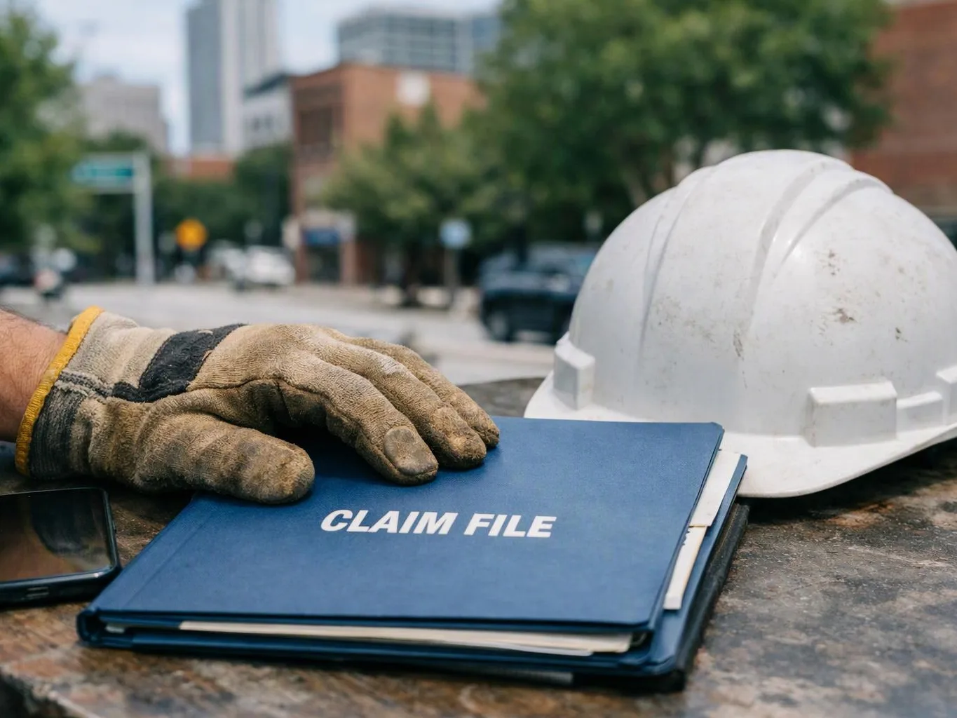 A gloved hand rests on a blue “CLAIM FILE” folder beside a white hard hat outdoors