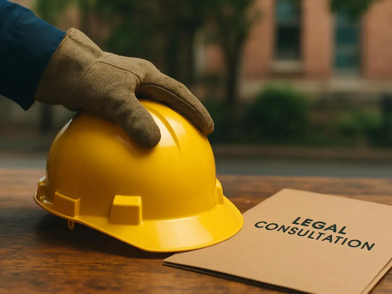 A gloved hand rests on a yellow hard hat beside a folder labeled “LEGAL CONSULTATION”