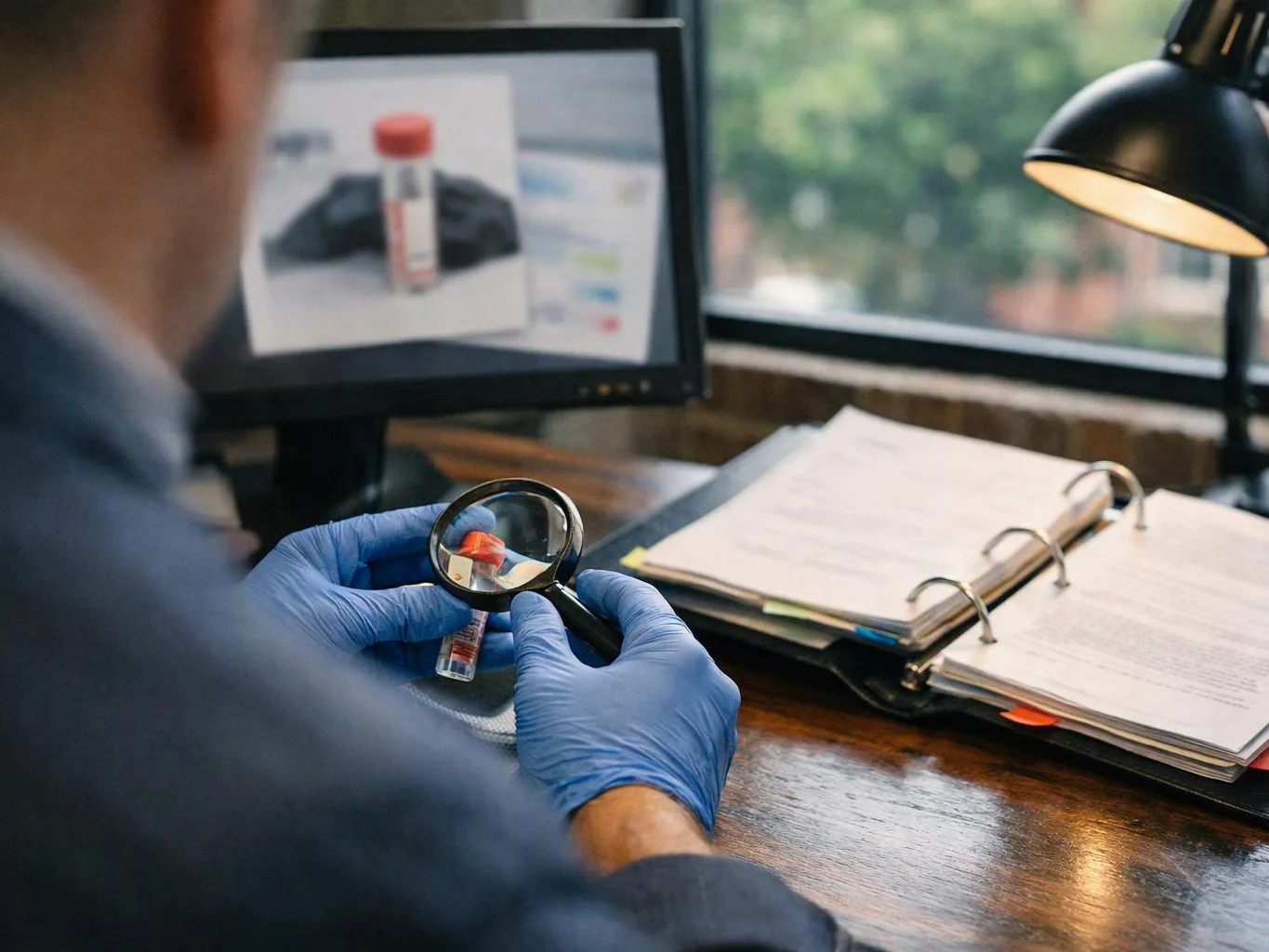 A gloved person inspects a small vial with a magnifying glass beside a binder and computer screen