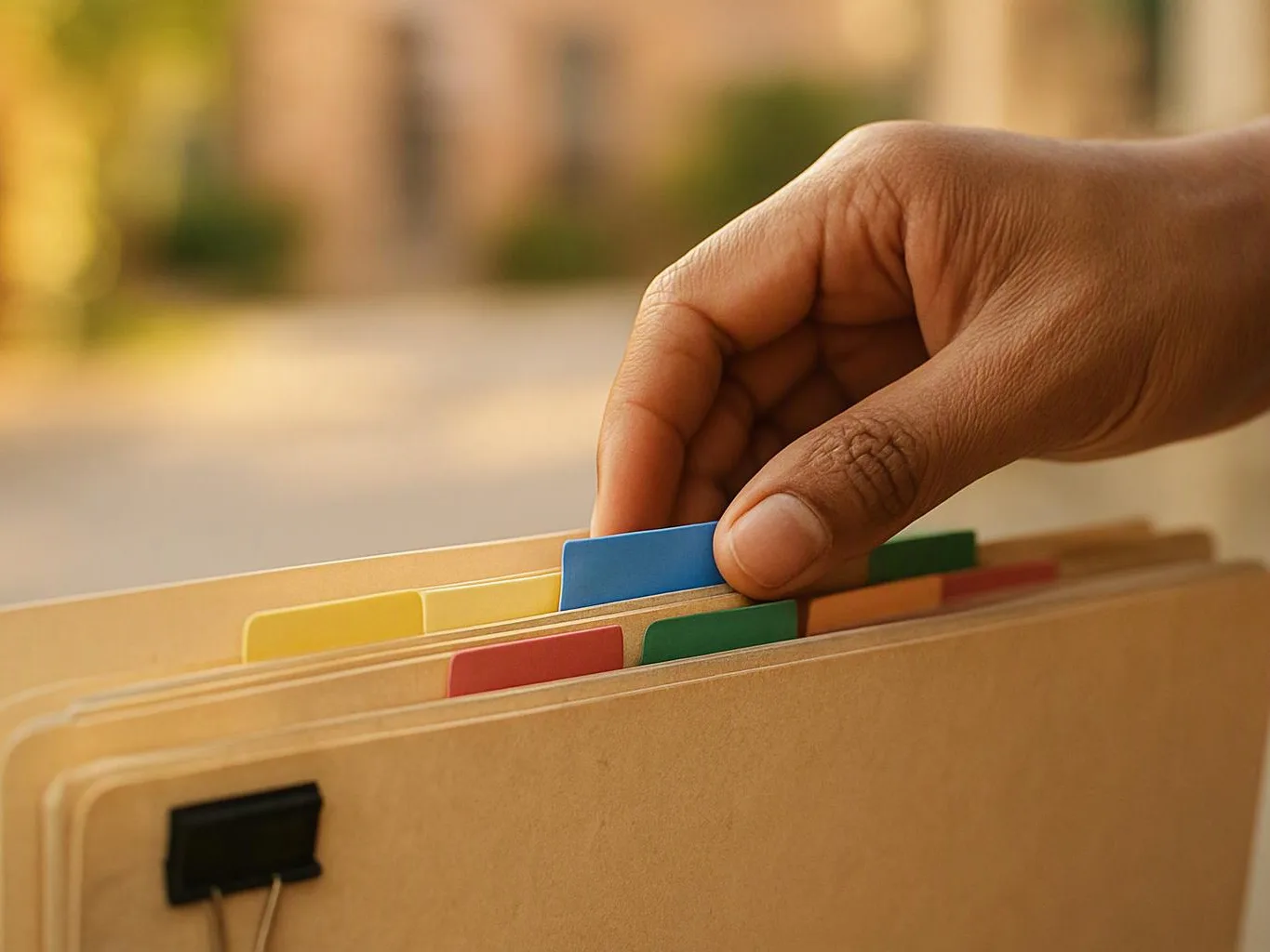 A hand flips through colorful file folders in a cardboard organizer outdoors