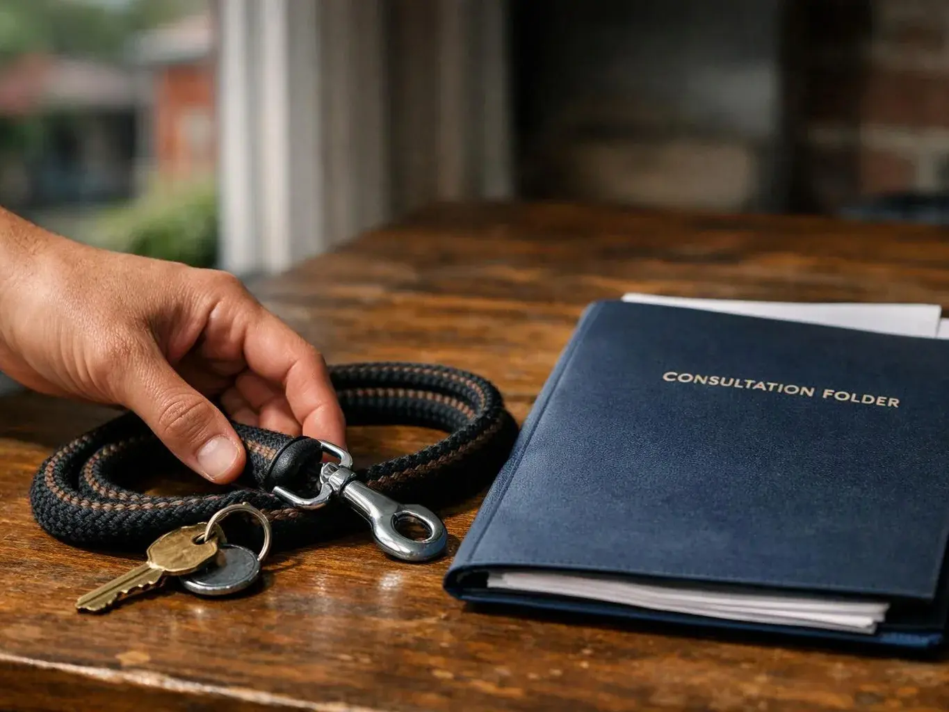 A hand holds a braided dog leash beside keys and a blue folder on a wooden table