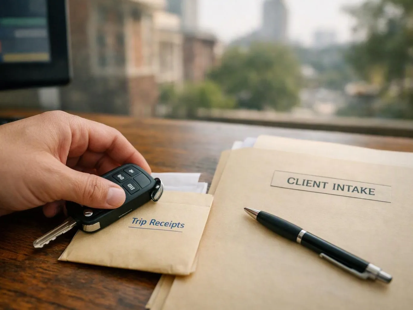 A hand holds a car key beside folders labeled “Trip Receipts” and “CLIENT INTAKE” on a wooden table