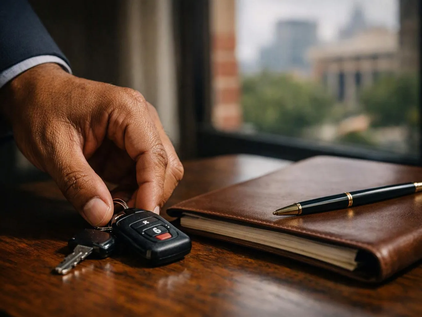 A hand places car keys beside a leather notebook and pen on a wooden table by a window