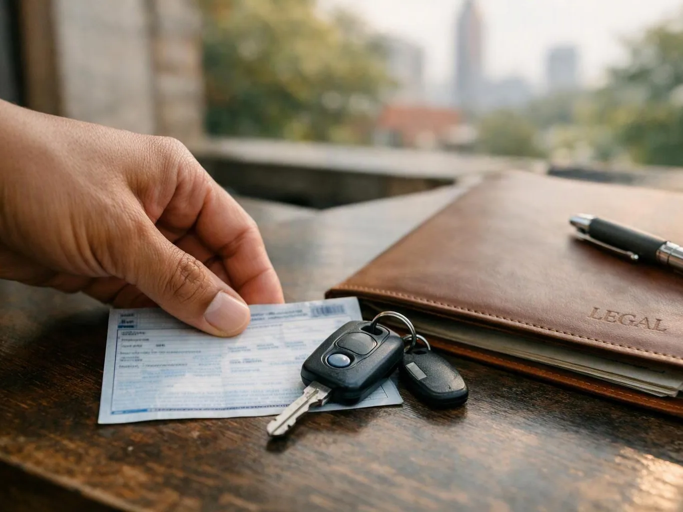A hand places a paper slip beside car keys and a brown legal folder on a wooden table