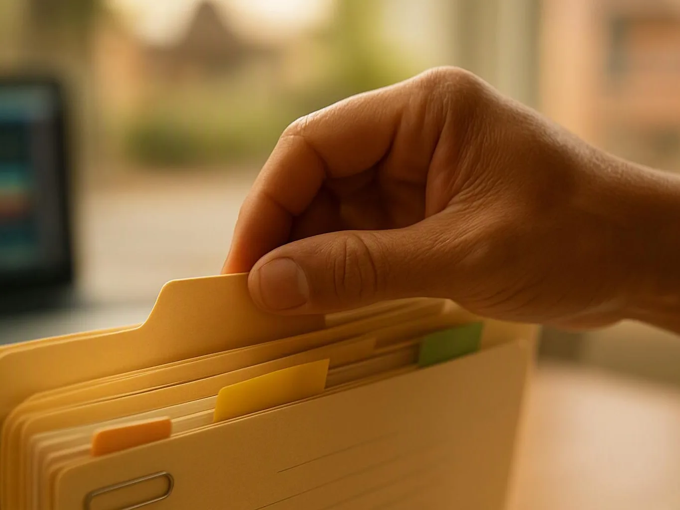 A hand pulls a tabbed folder from a file organizer near a bright window