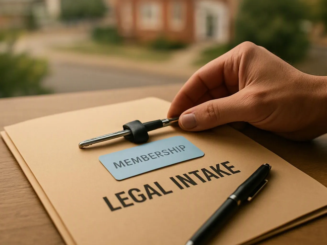 A hand rests beside a folder labeled “LEGAL INTAKE,” with a “MEMBERSHIP” card and pens on a table