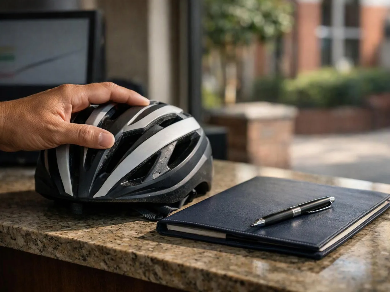 A hand rests on a black-and-white bicycle helmet beside a notebook and pen on a stone counter