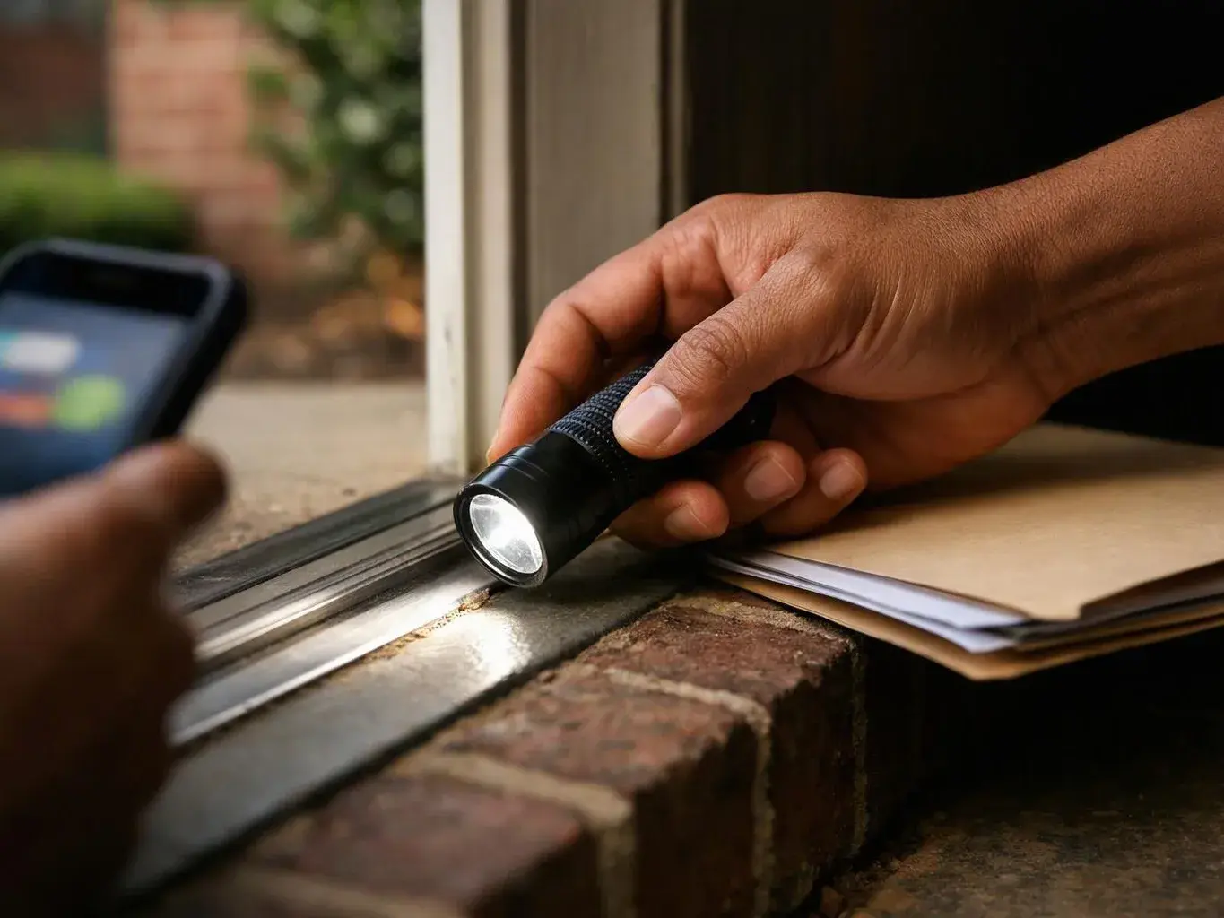 A hand shines a flashlight along a window track while another person holds a phone nearby