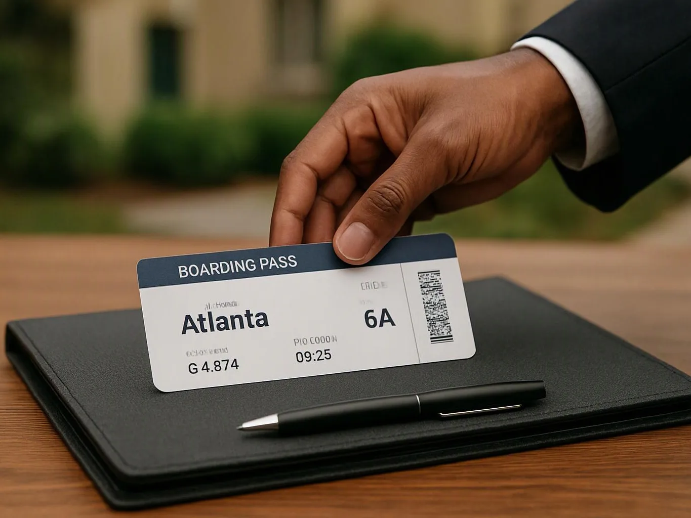 A hand in a suit holds a boarding pass over a black folder and pen on a wooden table