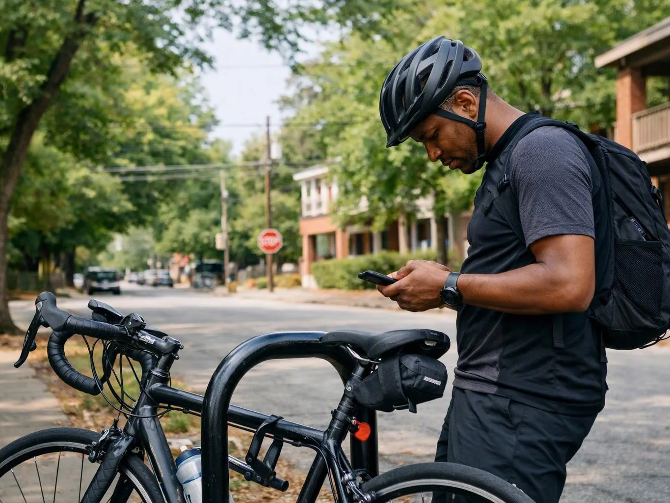 A helmeted cyclist stands beside a black bike rack, looking down at his phone on a tree-lined street