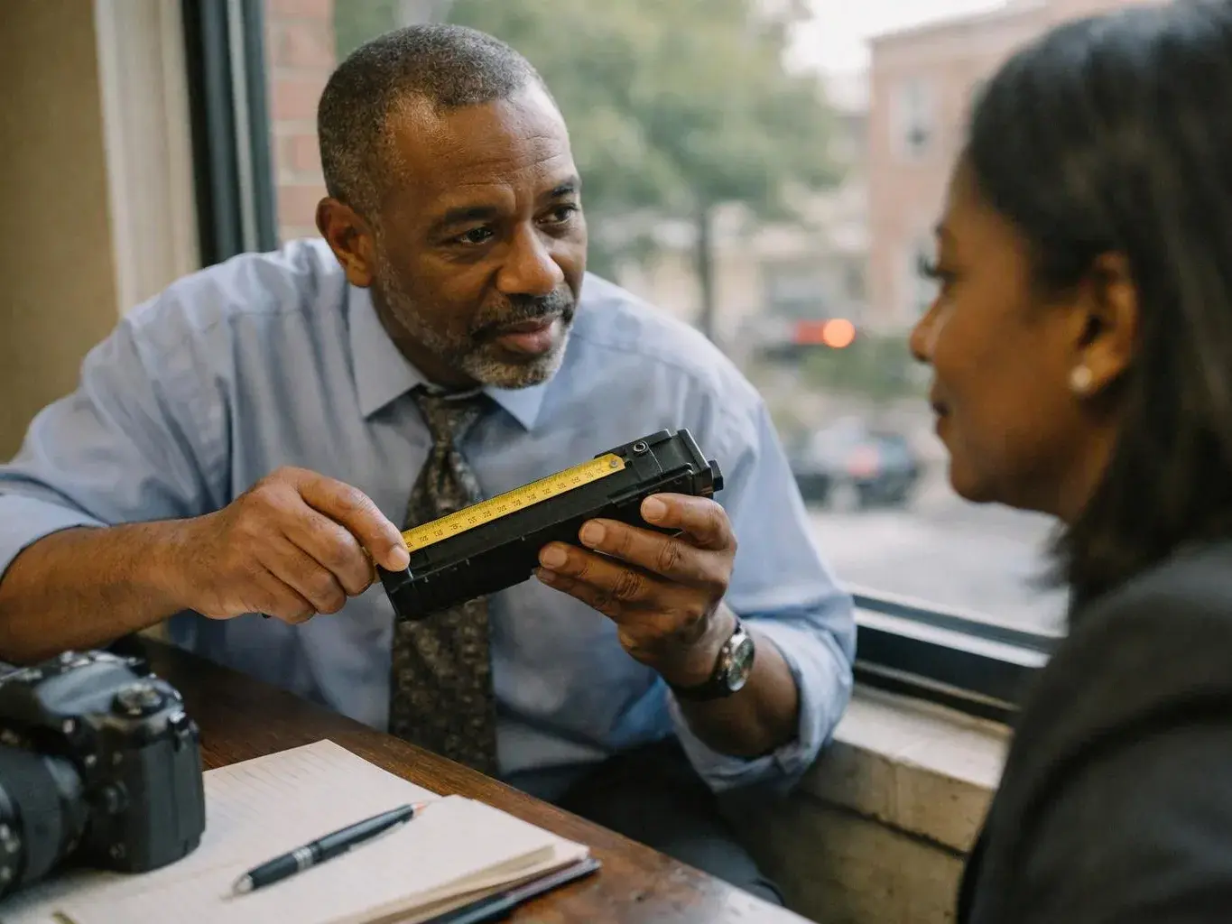 A man in a blue shirt shows a measuring device to a woman across a table by a window