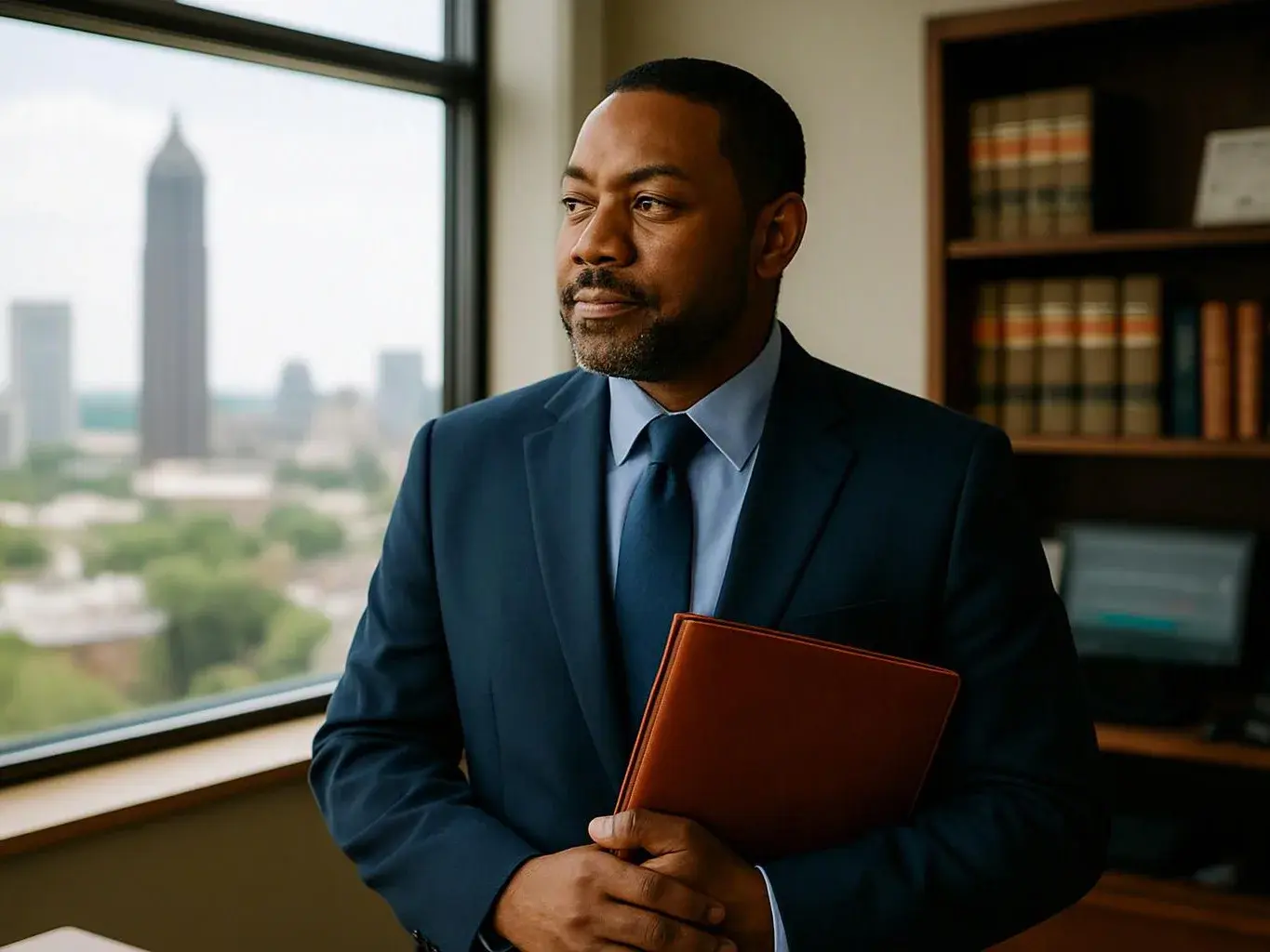 A man in a dark suit holds a brown folder by a window with a blurred city skyline behind him