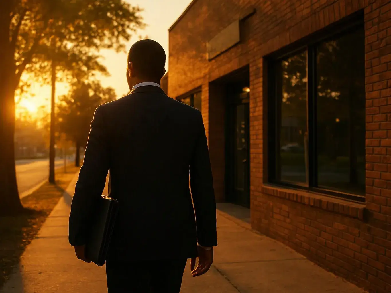 A man in a dark suit walks along a sidewalk beside a brick building at sunset