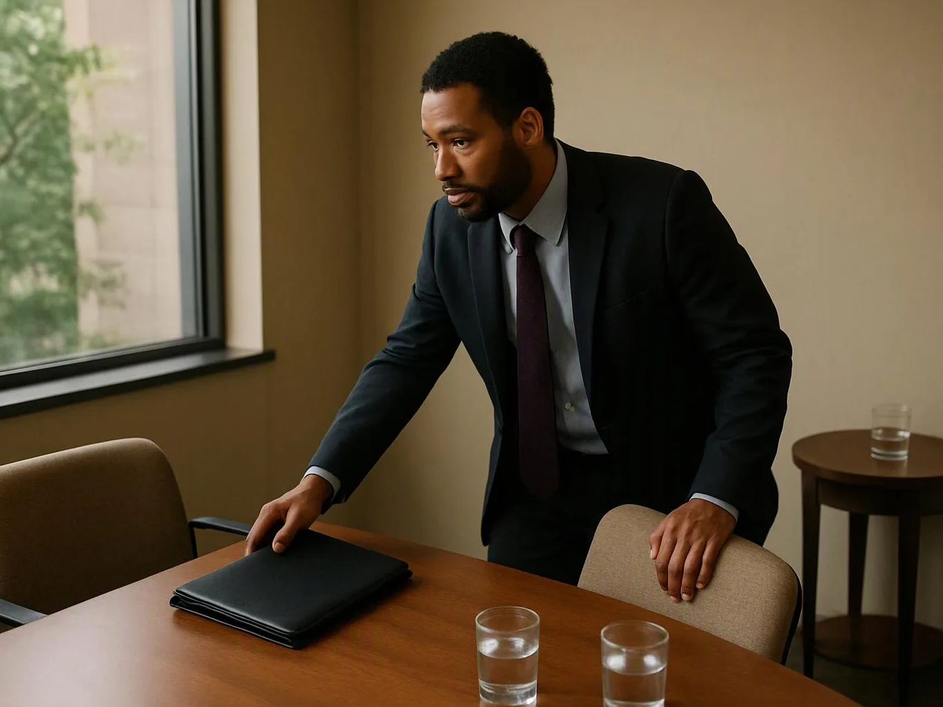 A man in a suit leans over a table with a folder and two water glasses in a quiet room
