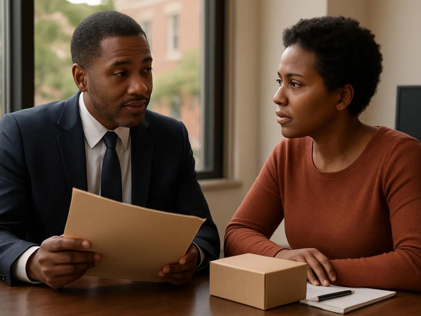 A man in a suit shows a paper to a woman seated at a table beside a small box