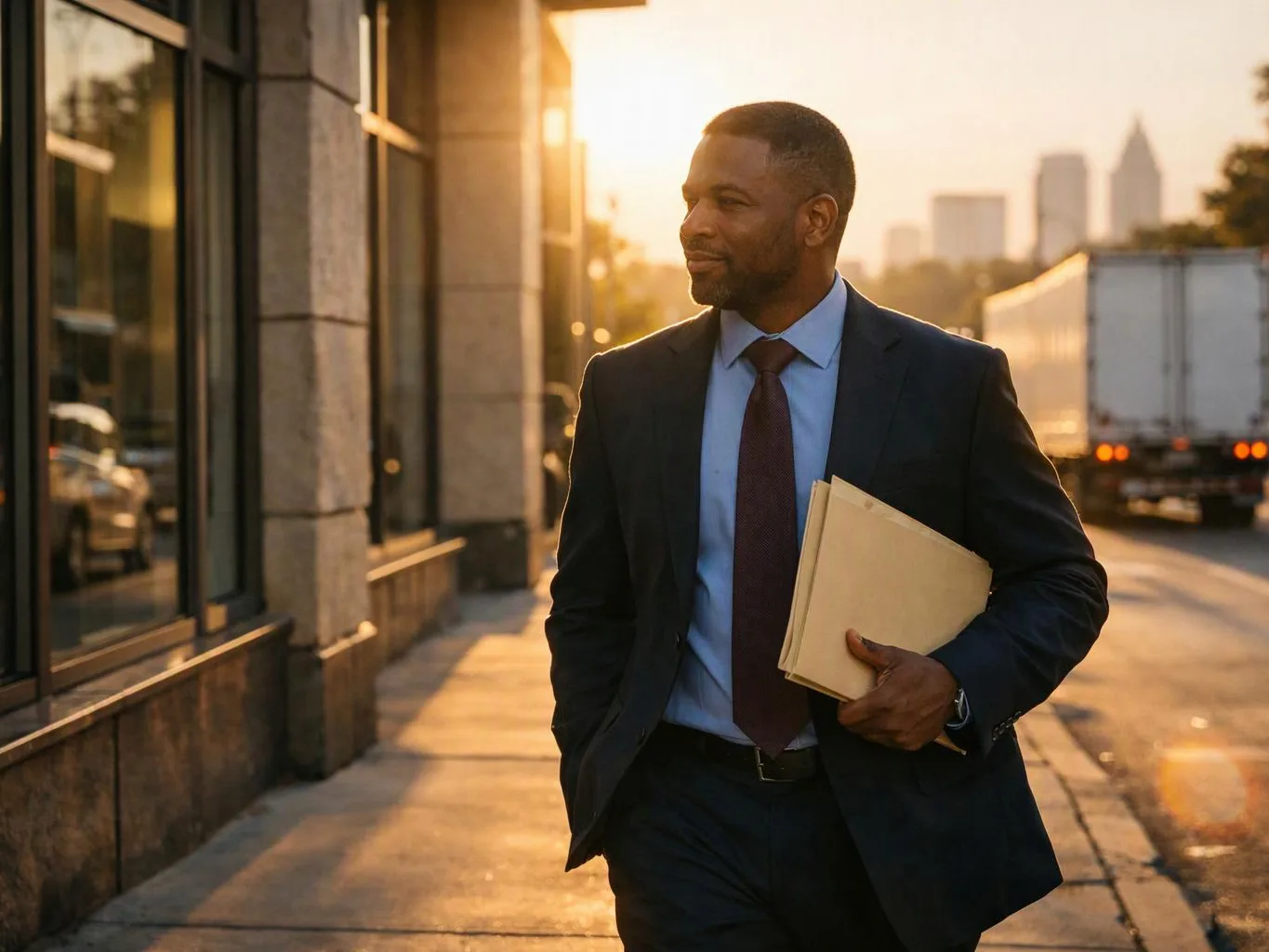 A man in a suit walks beside a sunlit sidewalk, holding folders and looking to the side
