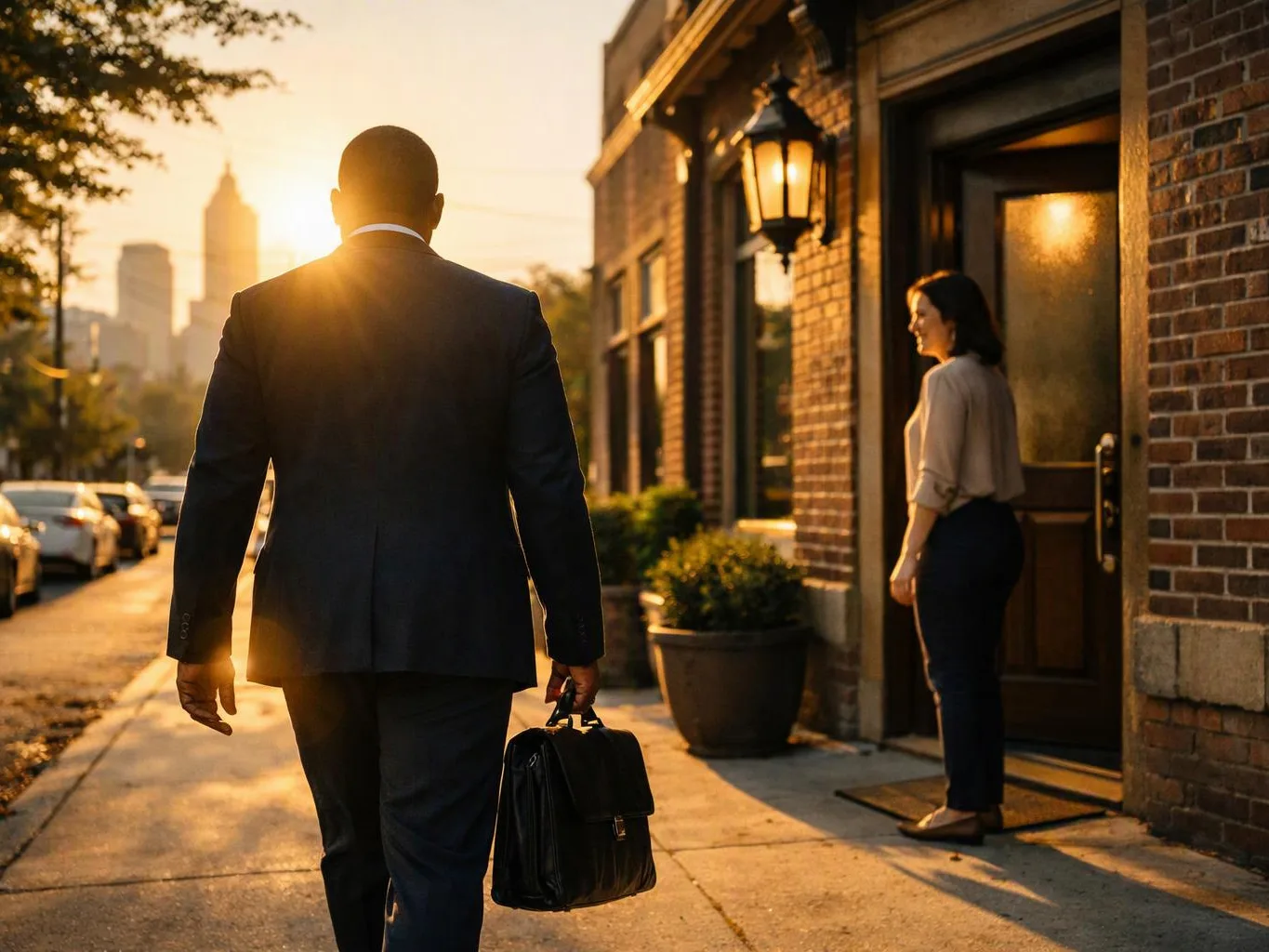 A man in a suit walks toward a brick building at sunset while a woman stands by the door