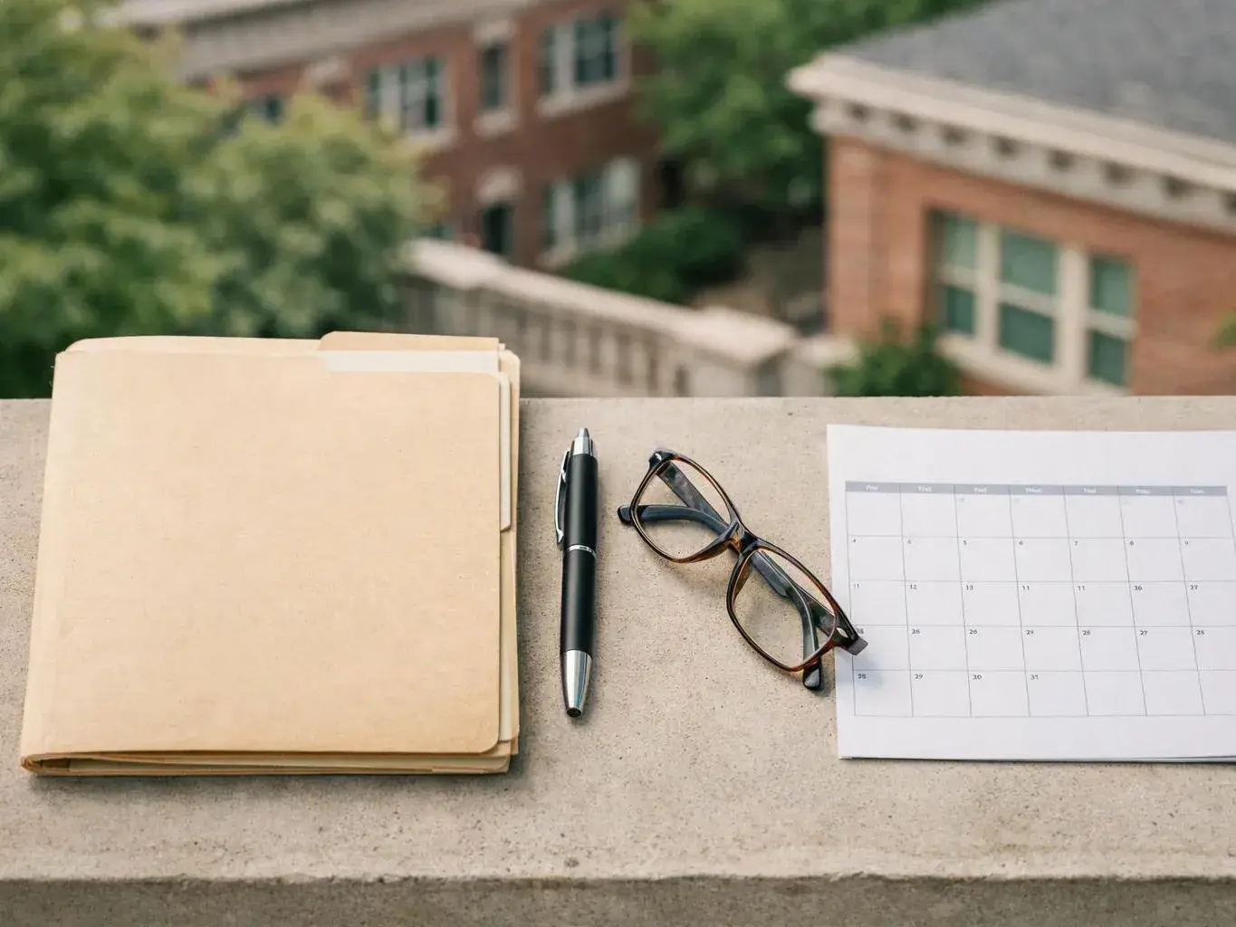 An open folder, pen, glasses, and calendar sit on a stone ledge with blurred buildings behind them