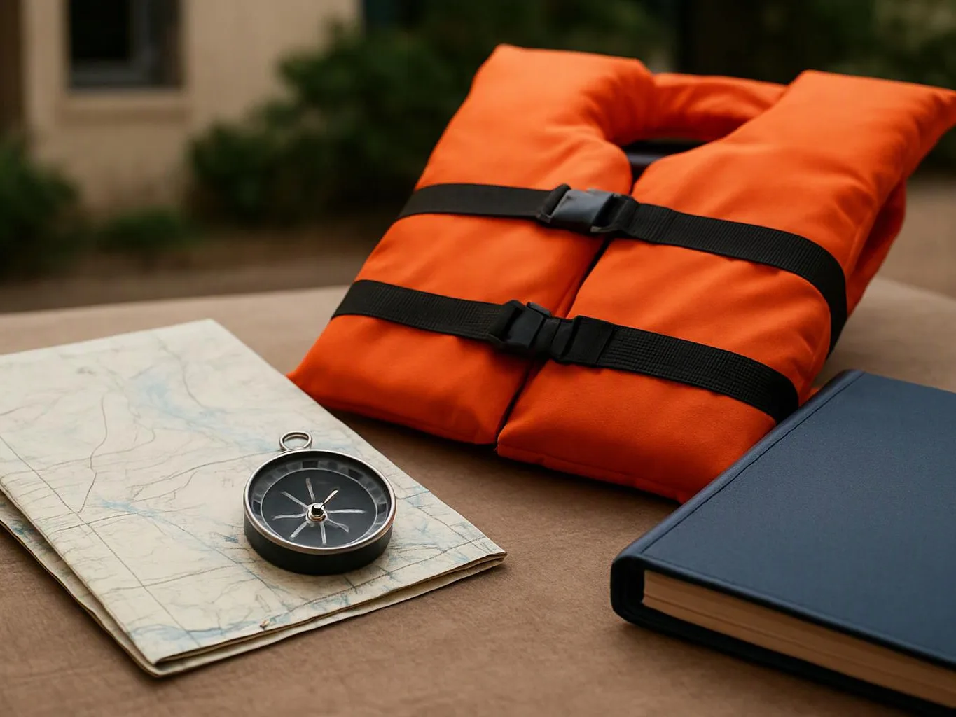 An orange life vest, folded map, compass, and blue notebook rest on a table outdoors