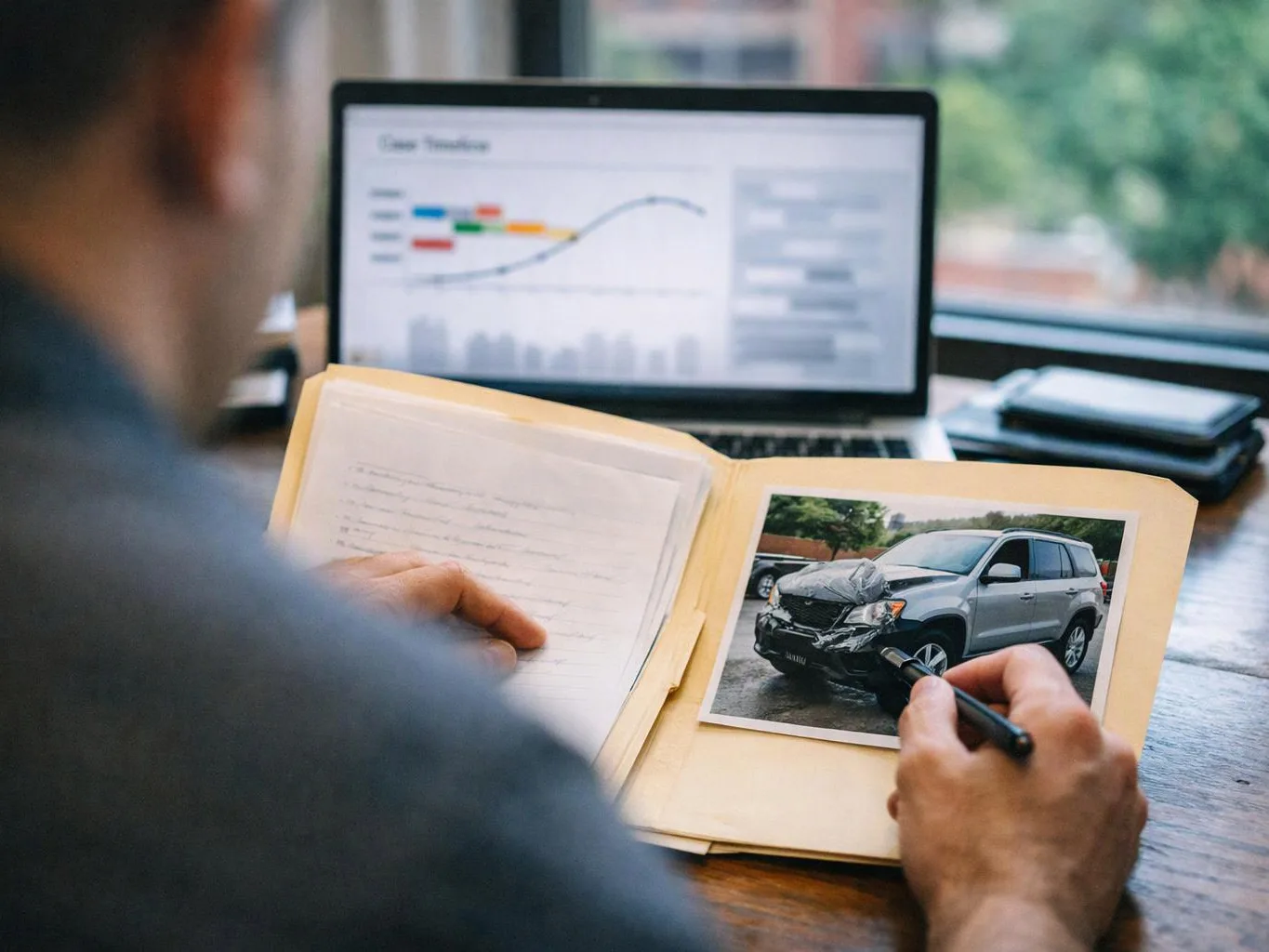 A person reviews a car crash photo and notes beside a laptop with a chart on the screen