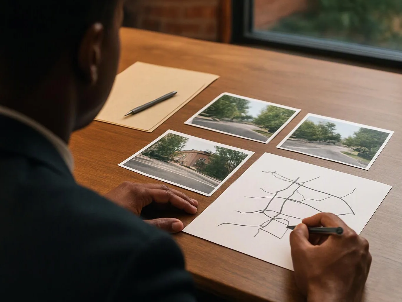 A person sketches branching lines on paper beside several printed road photos at a wooden table